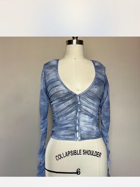 Zara Dusty Blue Ruched Button-Front Long Sleeve Top